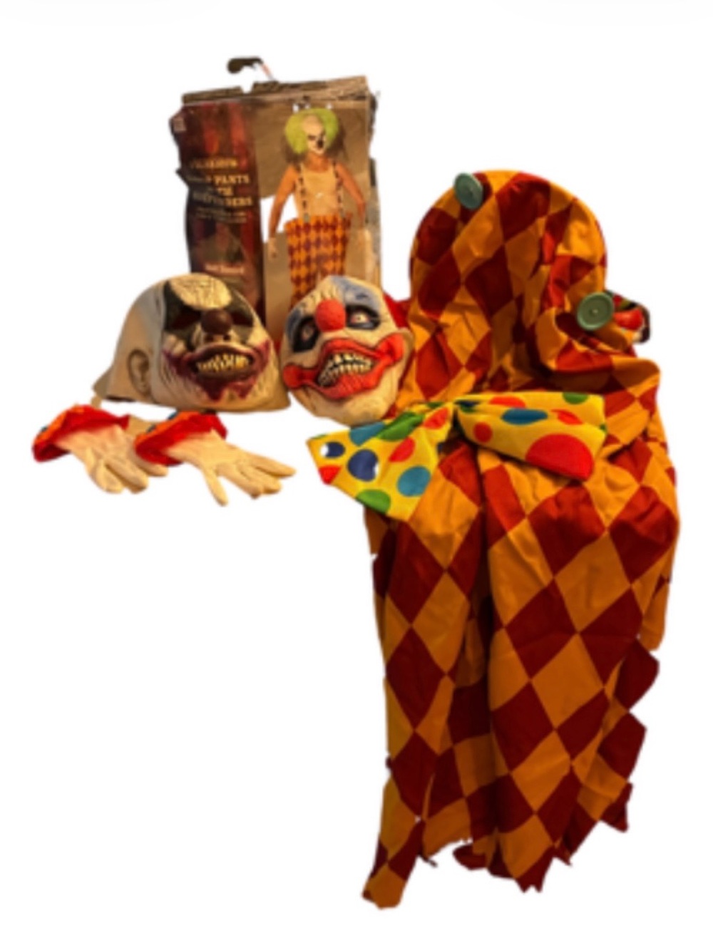 Adults Scary Clown Costume With 2 Masks Tie Gloves Suspender Hoop Pants